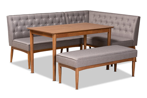 Baxton Studio Riordan Mid-Century Modern Grey Fabric Upholstered and Walnut Brown Finished Wood 4-Piece Dining Nook Set