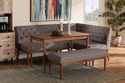 Baxton Studio Riordan Mid-Century Modern Grey Fabric Upholstered and Walnut Brown Finished Wood 4-Piece Dining Nook Set