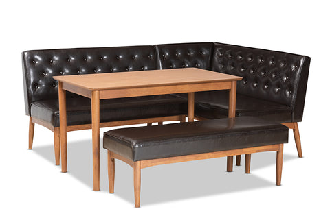 Baxton Studio Riordan Mid-Century Modern Dark Brown Faux Leather Upholstered and Walnut Brown Finished Wood 4-Piece Dining Nook Set