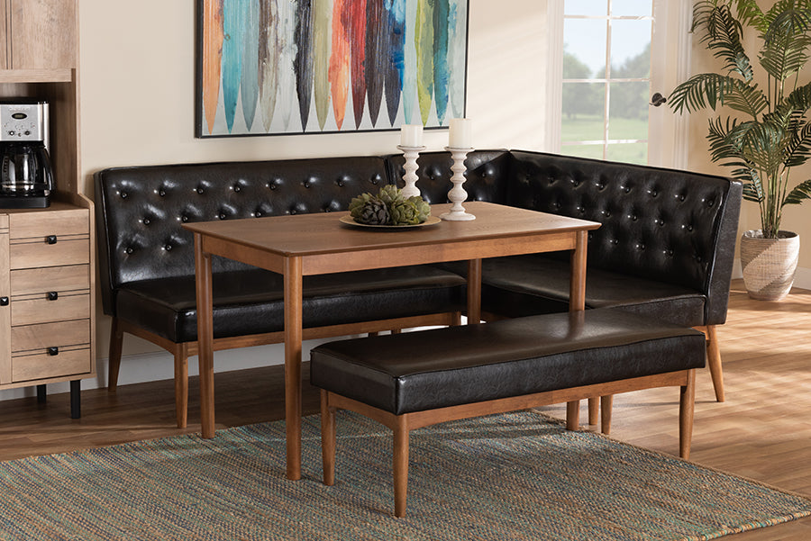 Baxton Studio Riordan Mid-Century Modern Dark Brown Faux Leather Upholstered and Walnut Brown Finished Wood 4-Piece Dining Nook Set