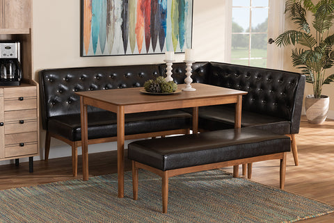 Baxton Studio Riordan Mid-Century Modern Dark Brown Faux Leather Upholstered and Walnut Brown Finished Wood 4-Piece Dining Nook Set