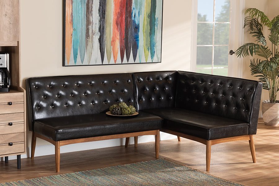 Baxton Studio Riordan Mid-Century Modern Dark Brown Faux Leather Upholstered and Walnut Brown Finished Wood 2-Piece Dining Nook Banquette Set