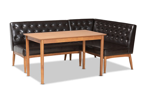 Baxton Studio Riordan Mid-Century Modern Dark Brown Faux Leather Upholstered and Walnut Brown Finished Wood 3-Piece Dining Nook Set