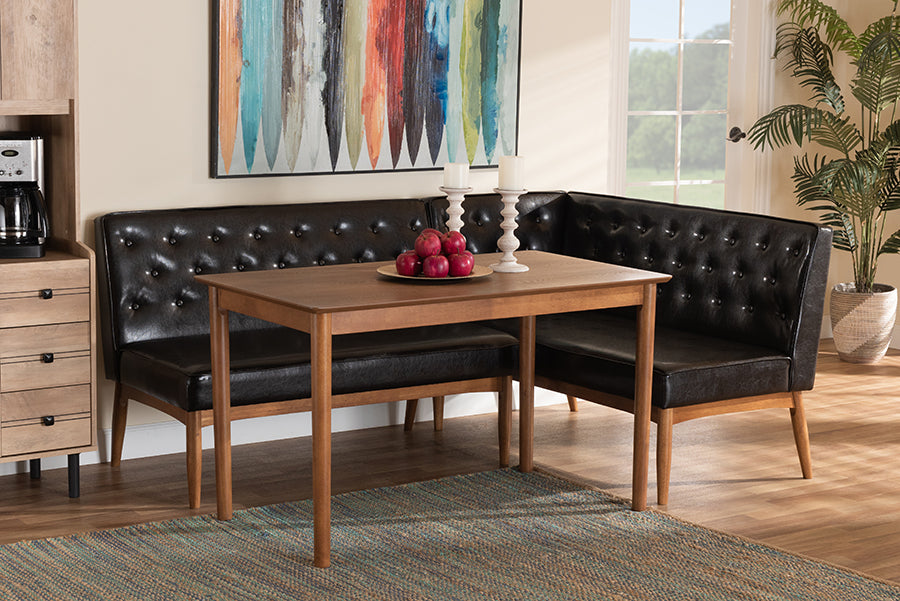 Baxton Studio Riordan Mid-Century Modern Dark Brown Faux Leather Upholstered and Walnut Brown Finished Wood 3-Piece Dining Nook Set