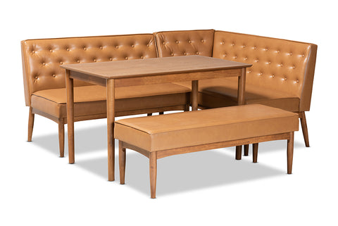 Baxton Studio Riordan Mid-Century Modern Tan Faux Leather Upholstered and Walnut Brown Finished Wood 4-Piece Dining Nook Set