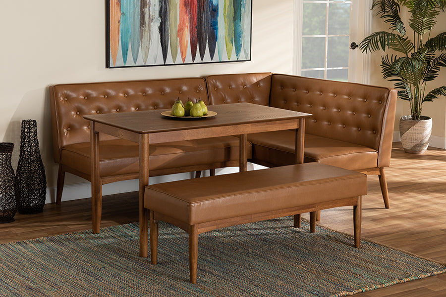 Baxton Studio Riordan Mid-Century Modern Tan Faux Leather Upholstered and Walnut Brown Finished Wood 4-Piece Dining Nook Set