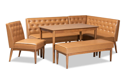 Baxton Studio Riordan Mid-Century Modern Tan Faux Leather Upholstered and Walnut Brown Finished Wood 5-Piece Dining Nook Set