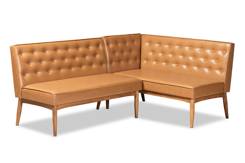 Baxton Studio Riordan Mid-Century Modern Tan Faux Leather Upholstered and Walnut Brown Finished Wood 2-Piece Dining Nook Banquette Set