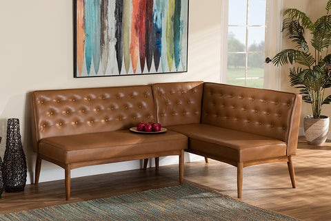 Baxton Studio Riordan Mid-Century Modern Tan Faux Leather Upholstered and Walnut Brown Finished Wood 2-Piece Dining Nook Banquette Set
