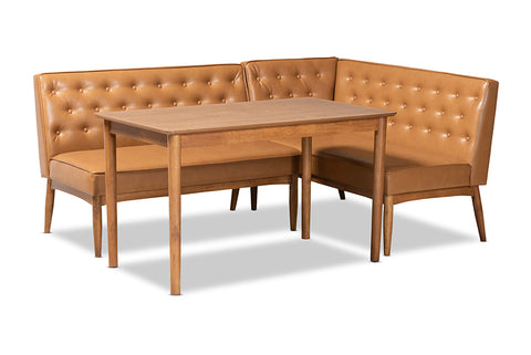 Baxton Studio Riordan Mid-Century Modern Tan Faux Leather Upholstered and Walnut Brown Finished Wood 3-Piece Dining Nook Set