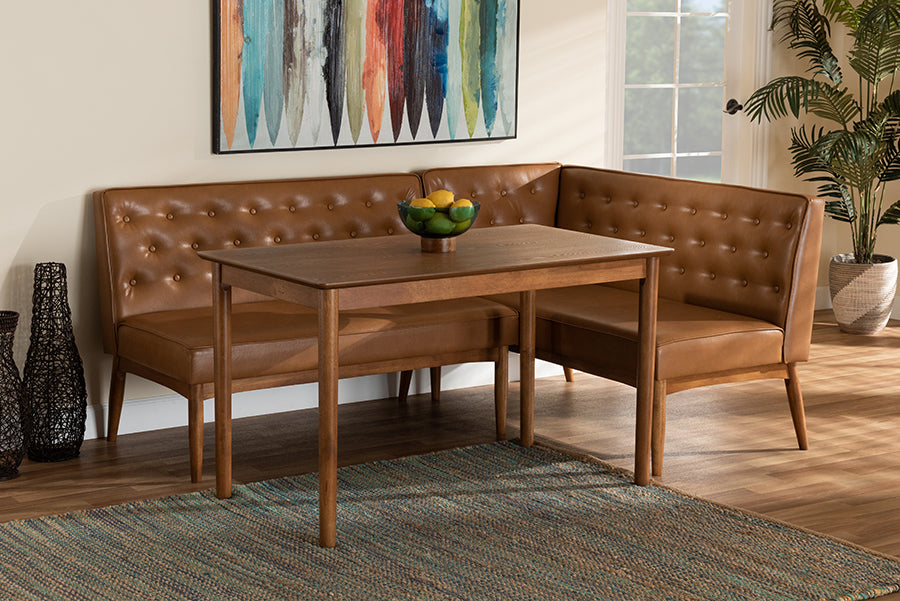 Baxton Studio Riordan Mid-Century Modern Tan Faux Leather Upholstered and Walnut Brown Finished Wood 3-Piece Dining Nook Set