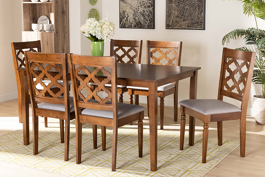 Baxton Studio Ramiro Modern and Contemporary Grey Fabric Upholstered and Walnut Brown Finished Wood 7-Piece Dining Set