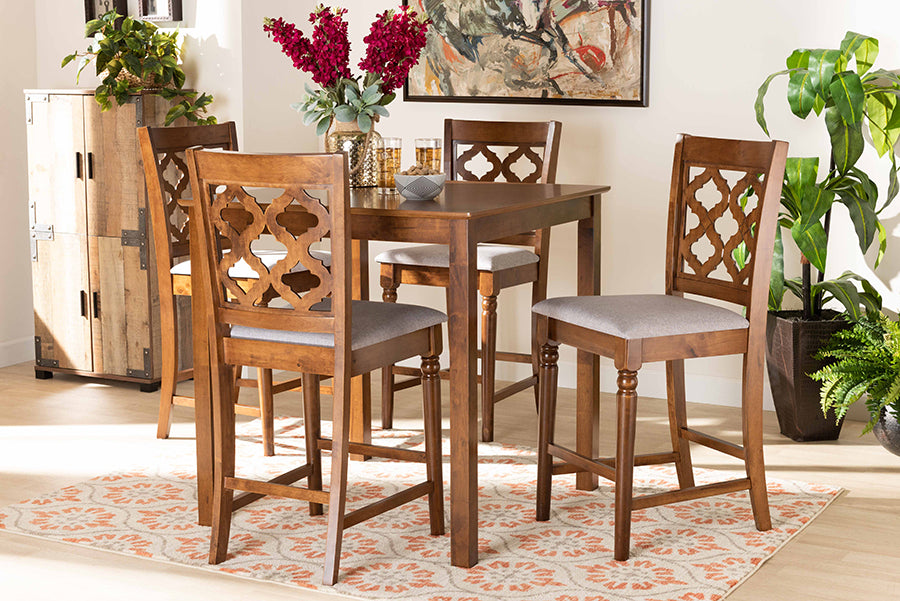 Baxton Studio Ramiro Modern and Contemporary Transitional Grey Fabric Upholstered and Walnut Brown Finished Wood 5-Piece Pub Set