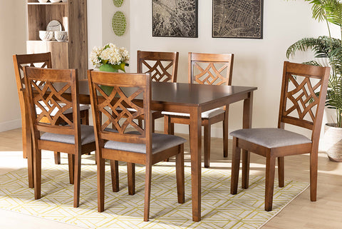 Baxton Studio Nicolette Modern and Contemporary Grey Fabric Upholstered and Walnut Brown Finished Wood 7-Piece Dining Set