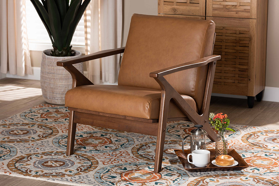 Baxton Studio Bianca Mid-Century Modern Walnut Brown Finished Wood and Tan Faux Leather Effect Lounge Chair