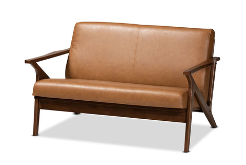 Baxton Studio Bianca Mid-Century Modern Walnut Brown Finished Wood and Tan Faux Leather Effect Loveseat