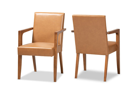 Baxton Studio Andrea Mid-Century Modern Tan Faux Leather Upholstered and Walnut Brown Finished Wood 2-Piece Armchair Set