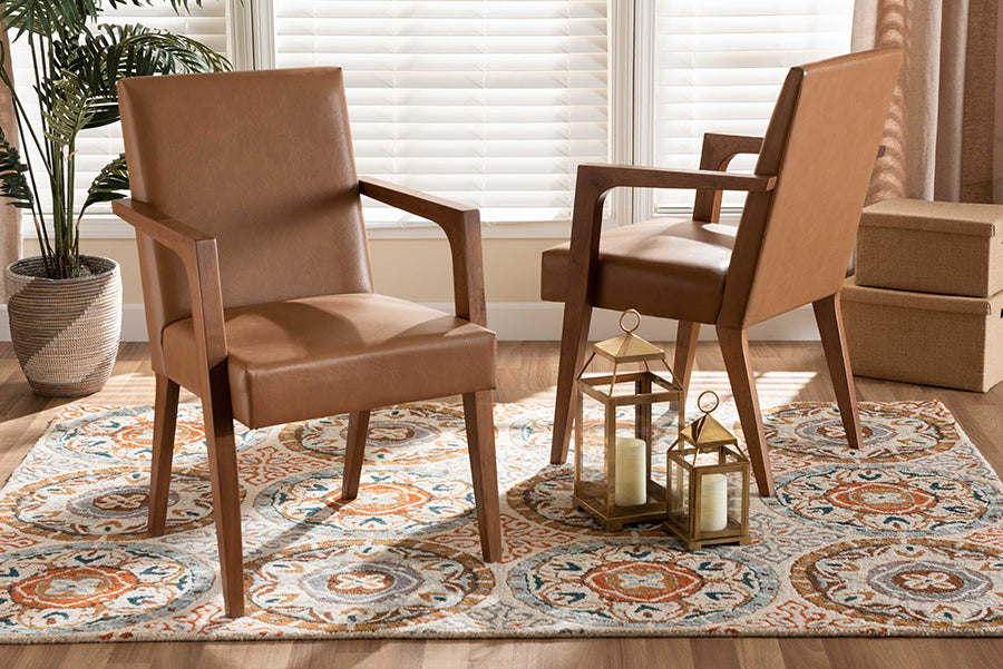 Baxton Studio Andrea Mid-Century Modern Tan Faux Leather Upholstered and Walnut Brown Finished Wood 2-Piece Armchair Set