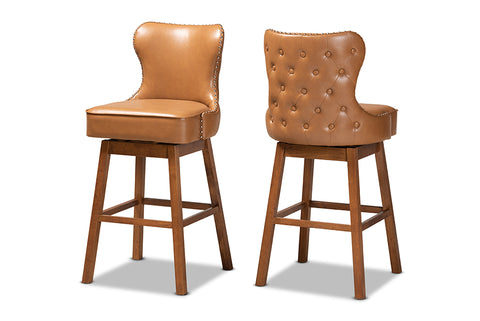 Baxton Studio Gradisca Modern and Contemporary Tan Faux Leather Upholstered and Walnut Brown Finished Wood 2-Piece Swivel Bar Stool Set