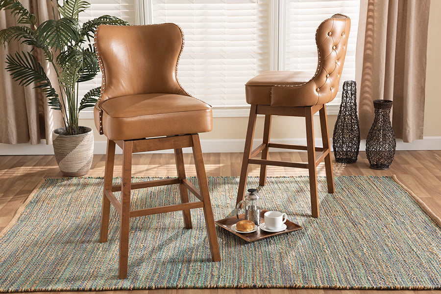 Baxton Studio Gradisca Modern and Contemporary Tan Faux Leather Upholstered and Walnut Brown Finished Wood 2-Piece Swivel Bar Stool Set
