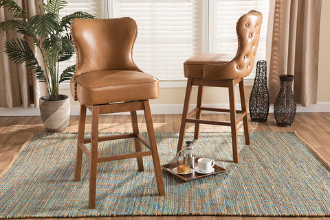 Baxton Studio Gradisca Modern and Contemporary Tan Faux Leather Upholstered and Walnut Brown Finished Wood 2-Piece Swivel Bar Stool Set