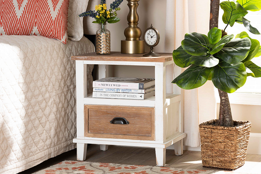 Baxton Studio Glynn Rustic Farmhouse Weathered Two-Tone White and Oak Brown Finished Wood 1-Drawer End Table