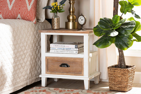 Baxton Studio Glynn Rustic Farmhouse Weathered Two-Tone White and Oak Brown Finished Wood 1-Drawer End Table