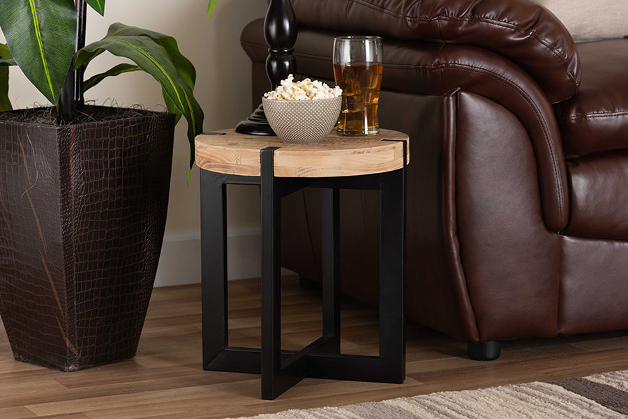 Baxton Studio Horace Rustic and Industrial Natural Brown Finished Wood and Black Finished Metal End Table
