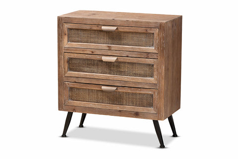 Baxton Studio Calida Mid-Century Modern Whitewashed Natural Brown Finished Wood and Rattan 3-Drawer Storage Cabinet