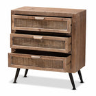 Baxton Studio Calida Mid-Century Modern Whitewashed Natural Brown Finished Wood and Rattan 3-Drawer Storage Cabinet