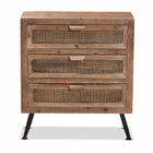 Baxton Studio Calida Mid-Century Modern Whitewashed Natural Brown Finished Wood and Rattan 3-Drawer Storage Cabinet