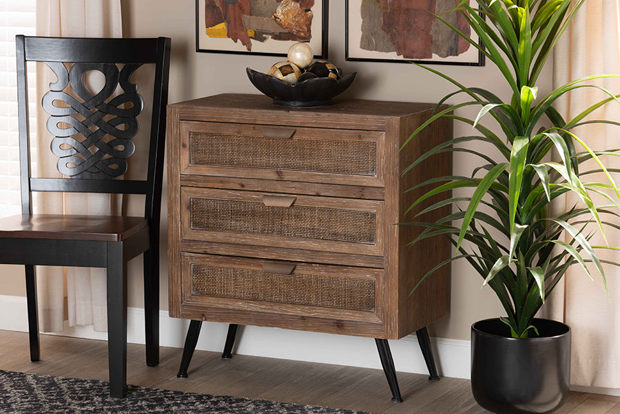 Baxton Studio Calida Mid-Century Modern Whitewashed Natural Brown Finished Wood and Rattan 3-Drawer Storage Cabinet