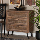 Baxton Studio Calida Mid-Century Modern Whitewashed Natural Brown Finished Wood and Rattan 3-Drawer Storage Cabinet