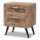 Baxton Studio Calida Mid-Century Modern Whitewashed Natural Brown Finished Wood and Rattan 2-Drawer End Table