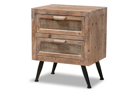 Baxton Studio Calida Mid-Century Modern Whitewashed Natural Brown Finished Wood and Rattan 2-Drawer End Table