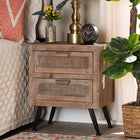 Baxton Studio Calida Mid-Century Modern Whitewashed Natural Brown Finished Wood and Rattan 2-Drawer End Table