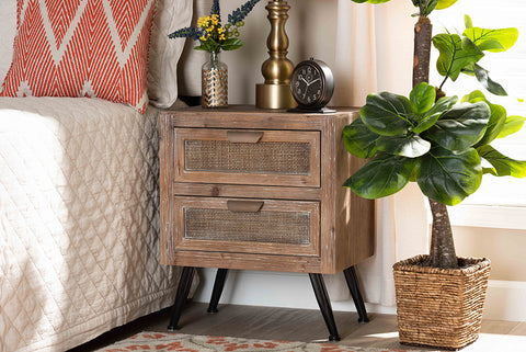 Baxton Studio Calida Mid-Century Modern Whitewashed Natural Brown Finished Wood and Rattan 2-Drawer End Table