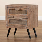 Baxton Studio Calida Mid-Century Modern Whitewashed Natural Brown Finished Wood and Rattan 2-Drawer End Table