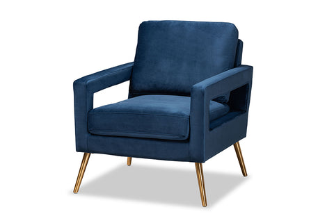 Baxton Studio Leland Glam and Luxe Navy Blue Velvet Fabric Upholstered and Gold Finished Armchair 