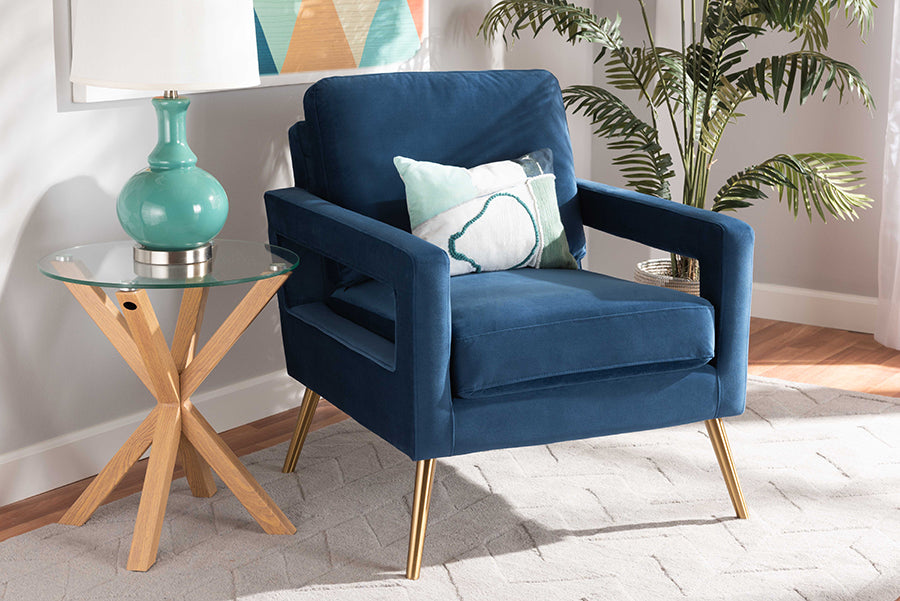 Baxton Studio Leland Glam and Luxe Navy Blue Velvet Fabric Upholstered and Gold Finished Armchair 