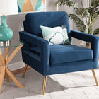 Baxton Studio Leland Glam and Luxe Navy Blue Velvet Fabric Upholstered and Gold Finished Armchair 