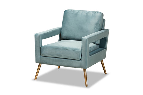 Baxton Studio Leland Glam and Luxe Light Blue Velvet Fabric Upholstered and Gold Finished Armchair 