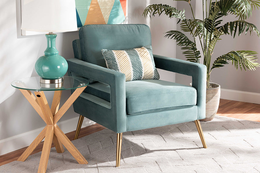 Baxton Studio Leland Glam and Luxe Light Blue Velvet Fabric Upholstered and Gold Finished Armchair 