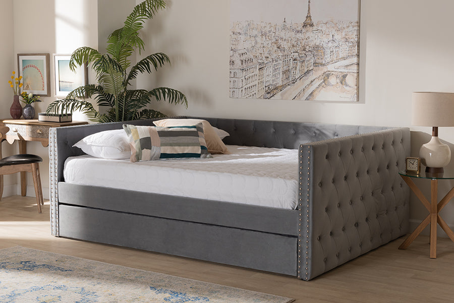 Baxton Studio Larkin Modern and Contemporary Grey Velvet Fabric Upholstered Queen Size Daybed with Trundle