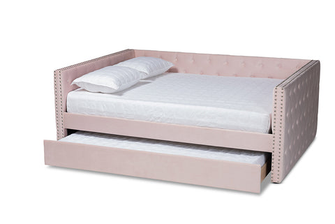 Baxton Studio Larkin Modern and Contemporary Pink Velvet Fabric Upholstered Full Size Daybed with Trundle