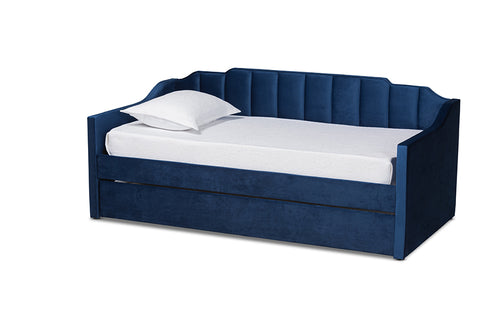 Baxton Studio Lennon Modern and Contemporary Navy Blue Velvet Fabric Upholstered Twin Size Daybed with Trundle