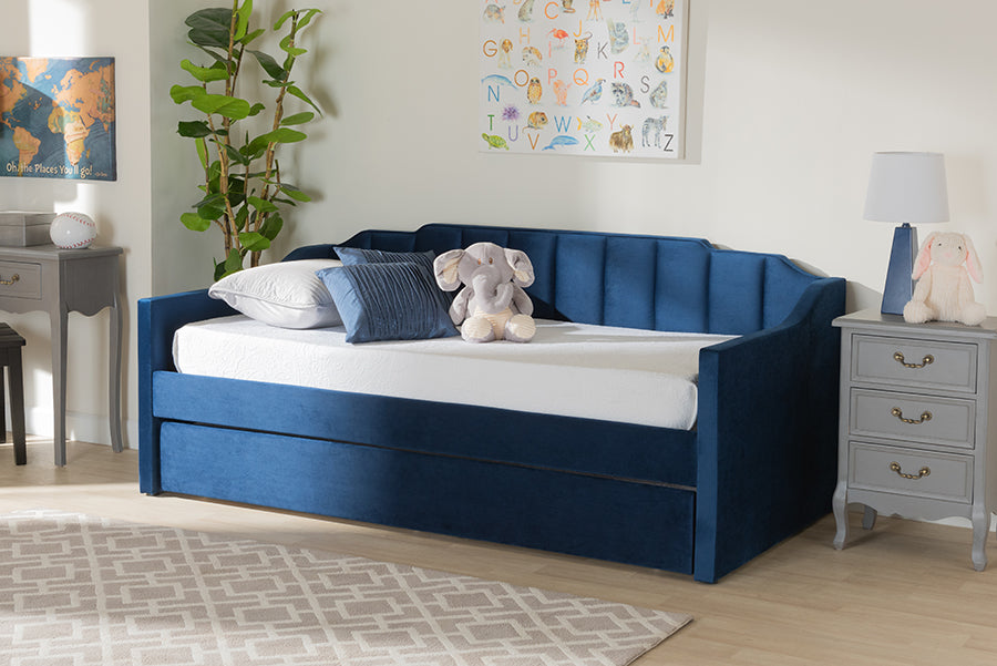 Baxton Studio Lennon Modern and Contemporary Navy Blue Velvet Fabric Upholstered Twin Size Daybed with Trundle