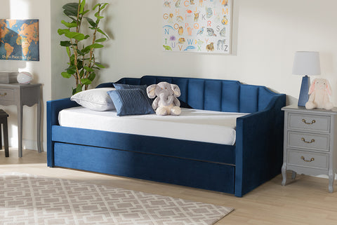 Baxton Studio Lennon Modern and Contemporary Navy Blue Velvet Fabric Upholstered Twin Size Daybed with Trundle