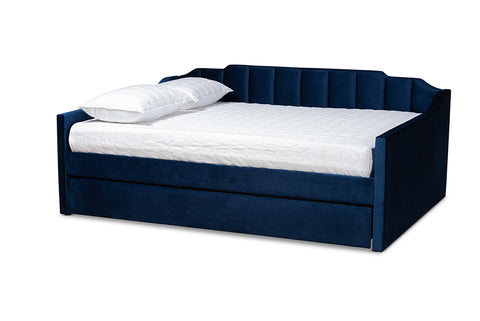 Baxton Studio Lennon Modern and Contemporary Navy Blue Velvet Fabric Upholstered Full Size Daybed with Trundle