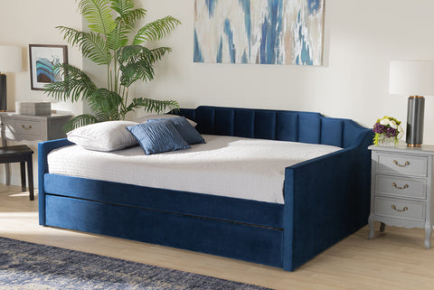 Baxton Studio Lennon Modern and Contemporary Navy Blue Velvet Fabric Upholstered Queen Size Daybed with Trundle